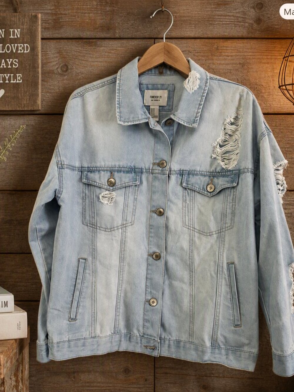 Forever 21 Light Wash Distressed Denim Jacket Size Medium
